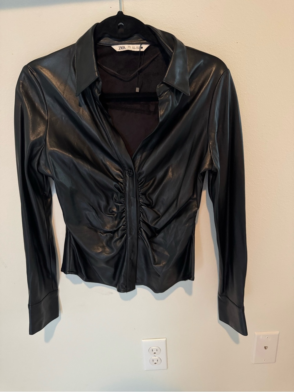 Zara Black Faux Leather Ruched Front Button Jacket